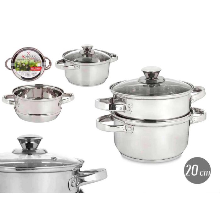 Vaporera Kinvara 2 piezas, tapa de cristal, 20 cm, acero inoxidable, 2.5 l (6 Unidades) Vaporera Kinvara 2 piezas, tapa de cristal, 20 cm, acero inoxidable, 2.5 l (6 Unidades)