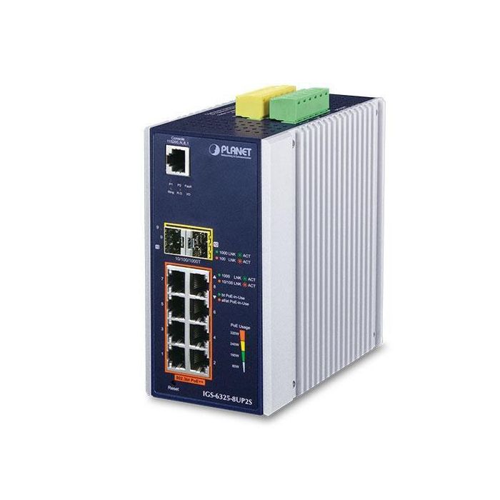 Planet Switch industrial 8 puertos PoE Gigabit 10/100/1000T 802.3bt + 2 SFP 1G/2.5G gestionable L3 Planet Switch industrial 8 puertos PoE Gigabit 10/100/1000T 802.3bt + 2 SFP 1G/2.5G gestionable L3