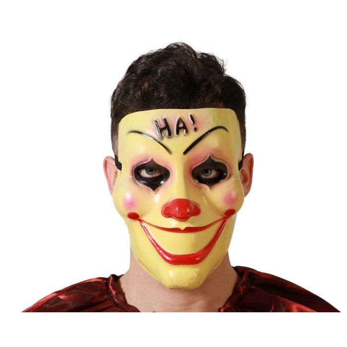 Máscara Payaso Amarillo con Nariz Roja y Cejas Pintadas para Halloween y Fiestas Temáticas