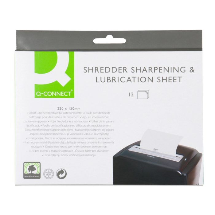 Q-connect Hojas Lubricantes y Afiladoras para Destructora Papel, Paquete 12 Hojas, 220x150 mm 1