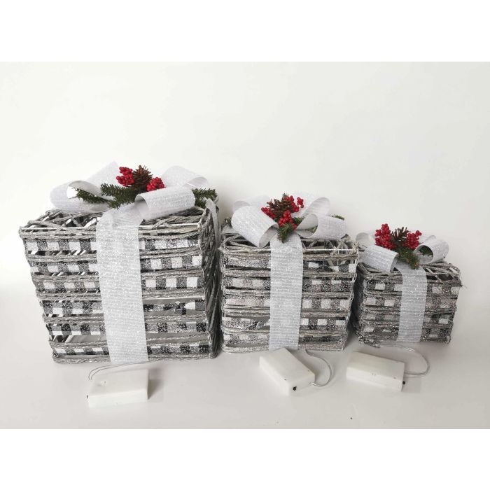 DKD Home Decor Set 3 Regalos Decoración Navidad Alpina con Luces LED Blanco Plateado Ratán Metal 25x25x29 cm | Funciona con 3 Pilas AA