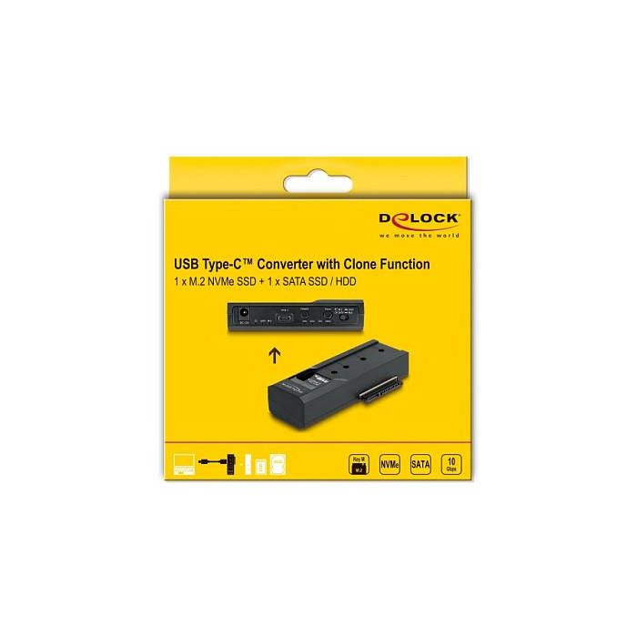 DeLOCK Adaptador USB Tipo C para 1 x SSD M.2 NVMe + 1 x SATA SSD/HDD con Función de Clonación, USB 3.2 Gen 2, Negro 4
