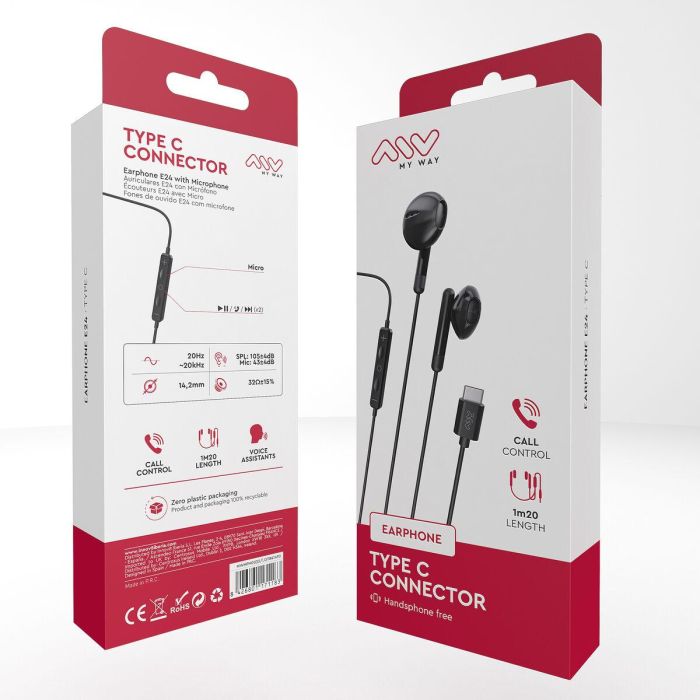 Myway Auriculares Mwhph0033 Negros con Cable y Conexión USB Tipo C 2 Myway Auriculares Mwhph0033 Negros con Cable y Conexión USB Tipo C 2