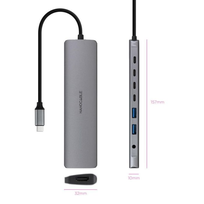 Nanocable 10.16.4608 Hub USB-C 8 en 1 Estación Acoplamiento 2x USB-A 3.0, 3x USB-C 3.0, HDMI 4K 60Hz, Jack 3.5mm, PD 100W, Gris Aluminio 1
