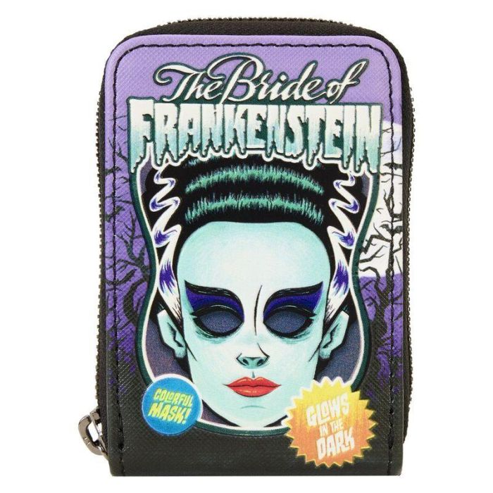 Loungefly Tarjetero Bride of Frankenstein Neon Mask Universal Monster, Piel Vegana, Brilla en la Oscuridad, 10 Ranuras para Tarjetas
