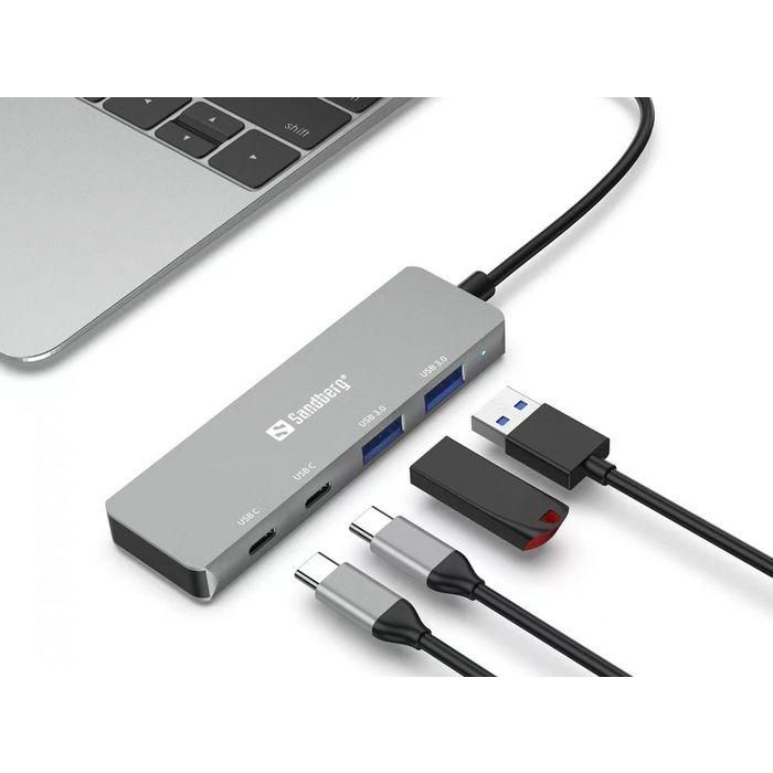 Sandberg Hub USB-C a 2x USB-A y 2x USB-C para Ordenador Portátil/PC. Expande Puertos para Conectar Múltiples Dispositivos, Plug & Play 1