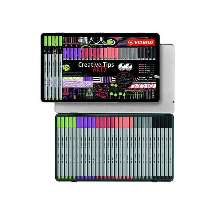Stabilo Rotulador Creative Tips Arty Line pastel, estuche metálico 30 unidades con 5 puntas diferentes por color