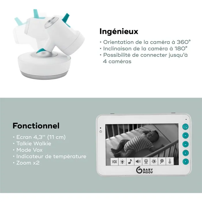 Babymoov Babyphone Video YOO-MOOV con Pantalla 4.3', Control Motorizado 360°, Luz Nocturna, Canciones de Cuna y Alcance 300m 3