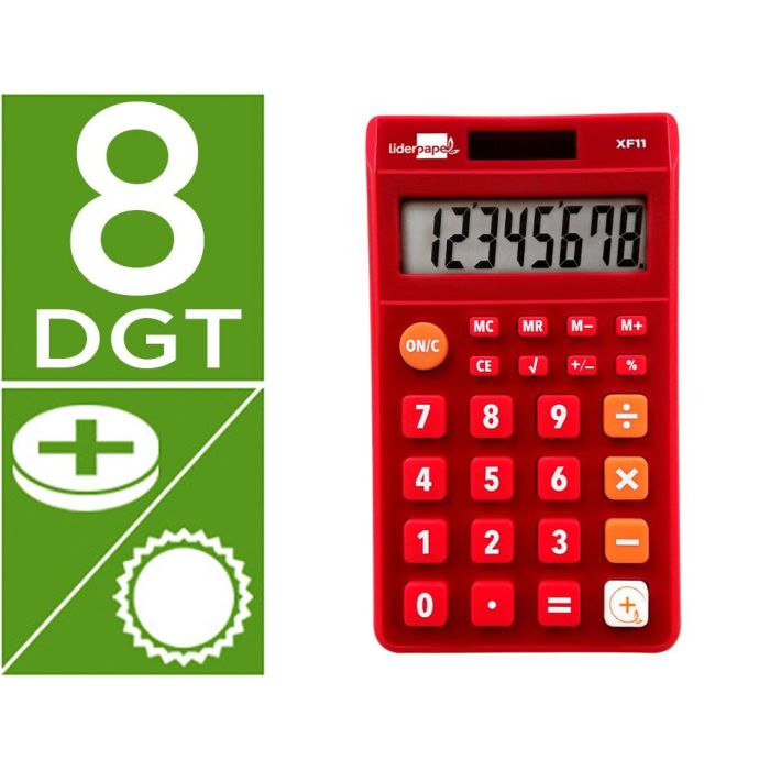 Calculadora Liderpapel Bolsillo Xf11 8 Digitos Solar Y Pilas Color Rojo 115x65x8 mm