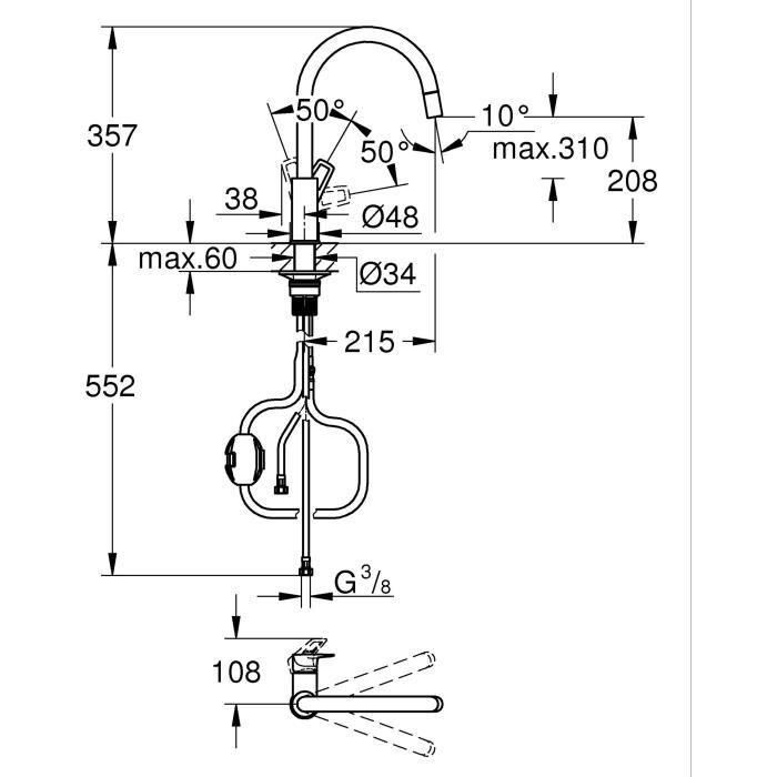 Grifo de cocina - Mezclador monomando de fregadero - Cromo - Caño alto en forma de C - Aireador extraíble - GROHE StartLoop - 30556000 2 Grifo de cocina - Mezclador monomando de fregadero - Cromo - Caño alto en forma de C - Aireador extraíble - GROHE StartLoop - 30556000 2