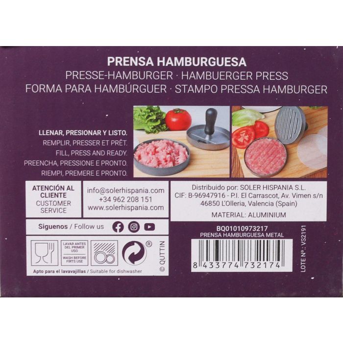 Quttin Prensa Hamburguesa de Metal 12 x 9 cm 221 gramos (12 Unidades) 7