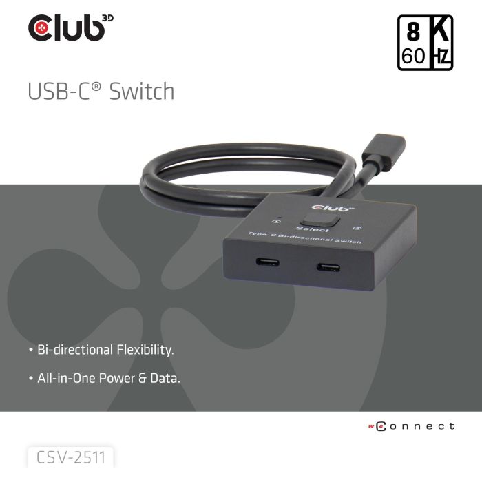Club 3D USB-C Switch Bidirektional - Video - Data - PD 3 Club 3D USB-C Switch Bidirektional - Video - Data - PD 3