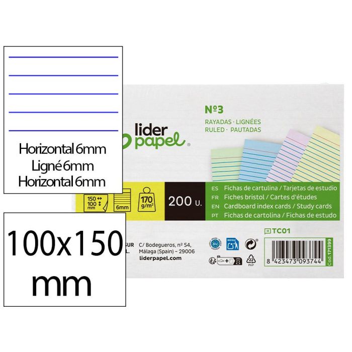 Tarjeta Liderpapel Para Estudiar Rayada Cartulina De Colores 170 gr-M2 100x150 mm Paquete De 200 Unidades