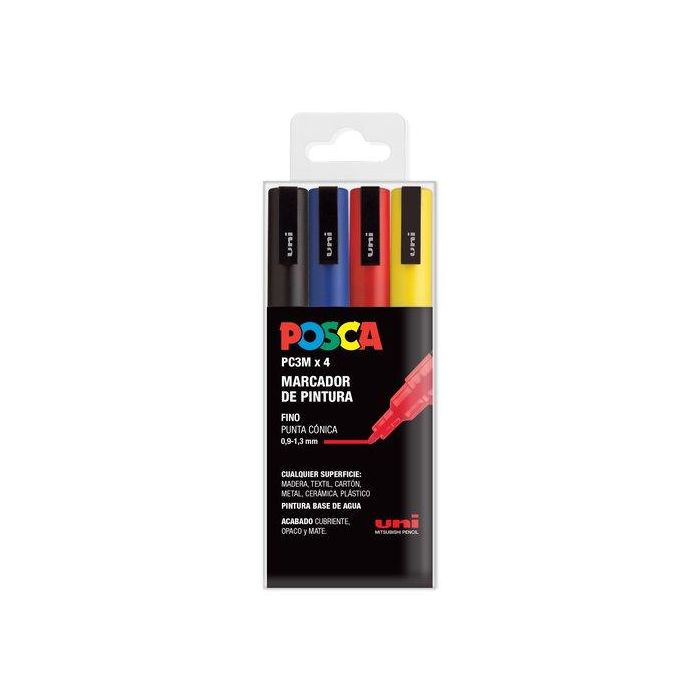 POSCA Pc-3M-4C Marcador No Permanente Punta Fina 0.9 mm-1.3 mm, Colores Surtidos Básicos -Estuche 4U-