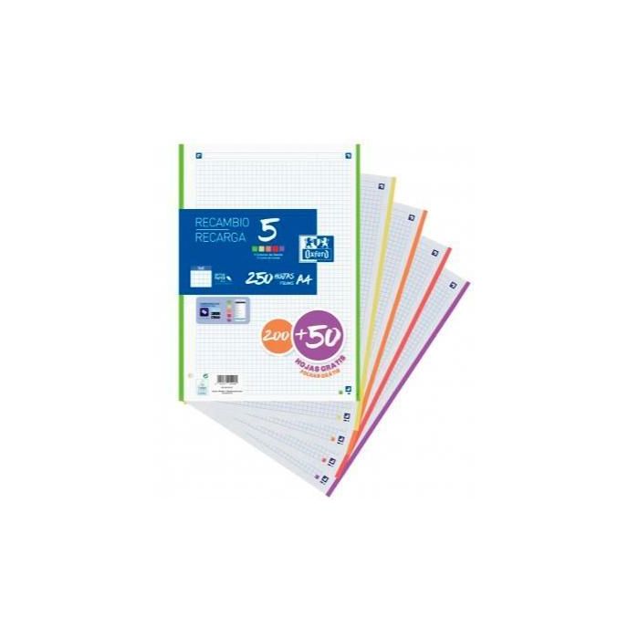 Oxford Recambio 200 + 50 Hojas Gratis A4 Microperforadas 4 Cuadrícula 5x5 mm 90 gr 5 Bandas Colores Vivos Oxford Recambio 200 + 50 Hojas Gratis A4 Microperforadas 4 Cuadrícula 5x5 mm 90 gr 5 Bandas Colores Vivos