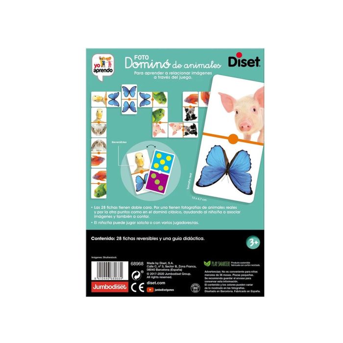 Diset 68968 Dominó Animales Clásico Yo Aprendo 28 Piezas Reversibles con Fotos Reales y Puntos de Colores (+3 años) 4