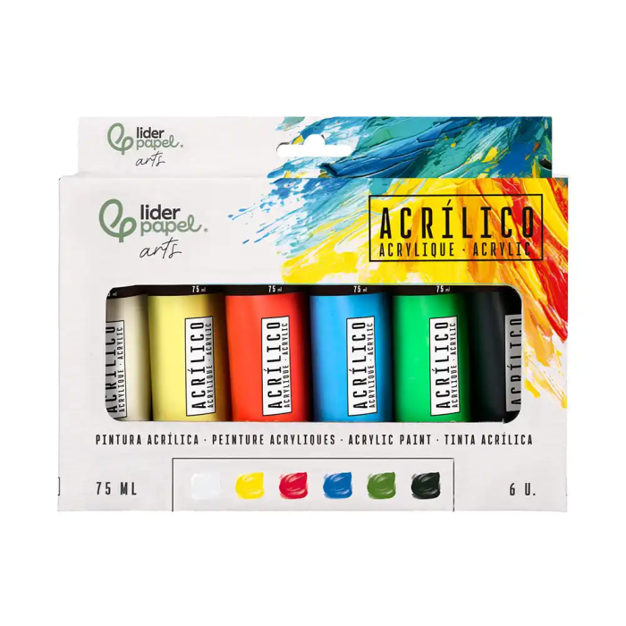 Liderpapel Pintura Acrílica Caja de 6 Tubos de 75 ml Colores Básicos 1