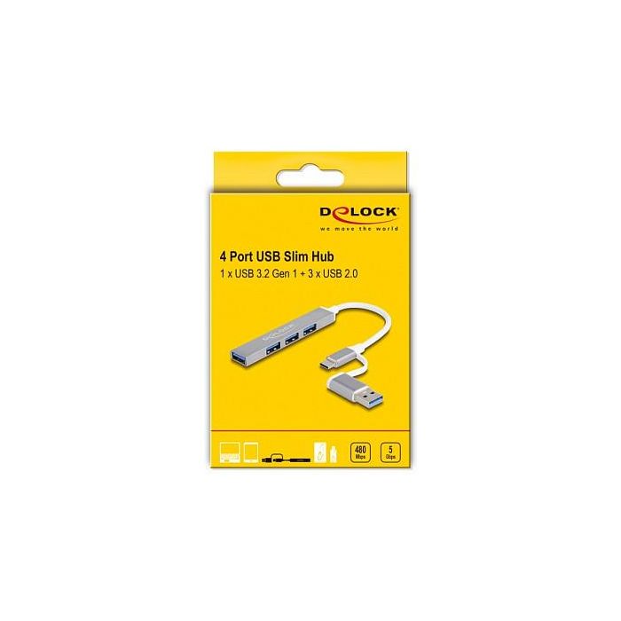 DeLOCK Hub USB 3.2 Gen 1 de 4 Puertos (3x USB 2.0 + 1x USB 5 Gbps), Conexión USB Tipo-A o Tipo-C, Plug & Play, Plata 2 DeLOCK Hub USB 3.2 Gen 1 de 4 Puertos (3x USB 2.0 + 1x USB 5 Gbps), Conexión USB Tipo-A o Tipo-C, Plug & Play, Plata 2