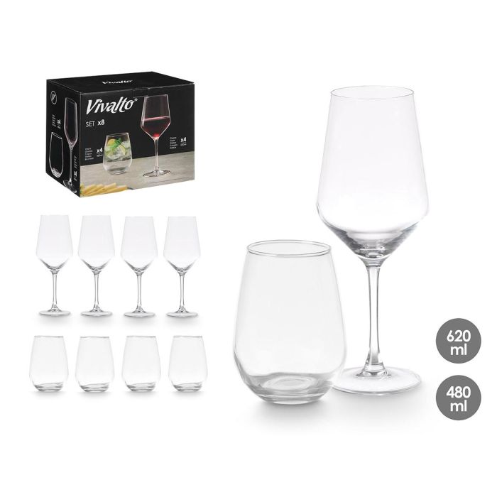 Vivalto Set de 8 Piezas de Vidrio Transparente con Vasos de 480 ml y Copas de 620 ml (2 Unidades) Vivalto Set de 8 Piezas de Vidrio Transparente con Vasos de 480 ml y Copas de 620 ml (2 Unidades)