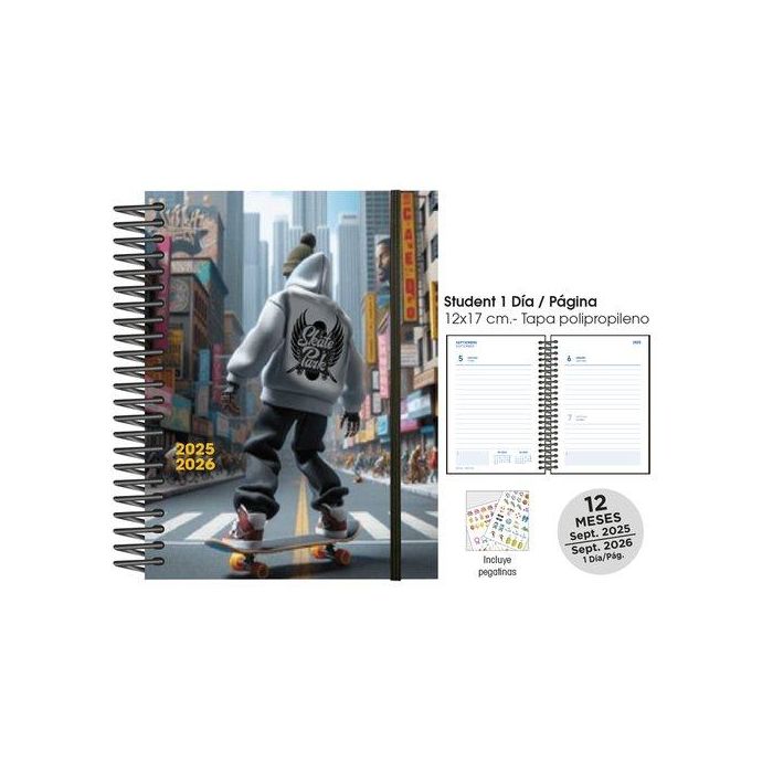 Agenda Escolar (2025-26) Senfort Student Decorada Espiral Tapa Pp Con Goma 120X170 D/P Skateboard City