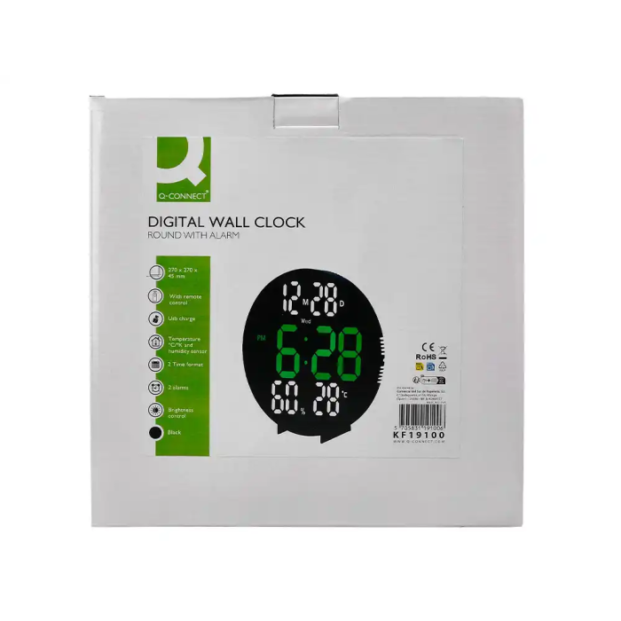 Q-connect Reloj Digital de Pared con Alarma, Sensor de Temperatura y Humedad, Brillo Ajustable, 27 cm 9