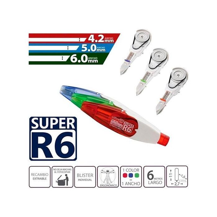 OFFICE BOX Recambio Cinta Correctora Retráctil Super R6 4,2mmx6M Roja (24 Unidades) Escritura Inmediata (24 Unidades)