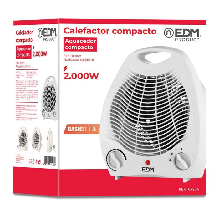 Edm Calefactor compacto vertical blanco 1000-2000W 21x12.5x27cm protector sobrecalentamiento termostato regulable 1