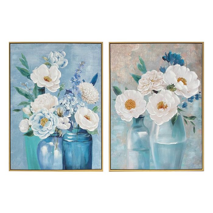 DKD Home Decor Cuadro Shabby con Jarrones Azul Blanco Dorado Lienzo 80x60x3.5 cm (2 Unidades)