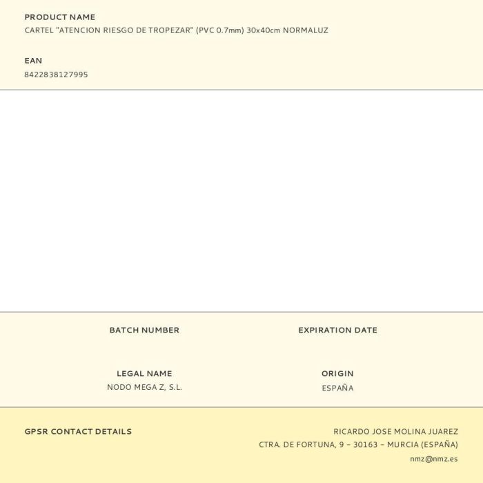 Normaluz Cartel "Atención riesgo de tropezar" PVC 0.7mm 30x40cm - Rótulos de peligro 1 Normaluz Cartel "Atención riesgo de tropezar" PVC 0.7mm 30x40cm - Rótulos de peligro 1