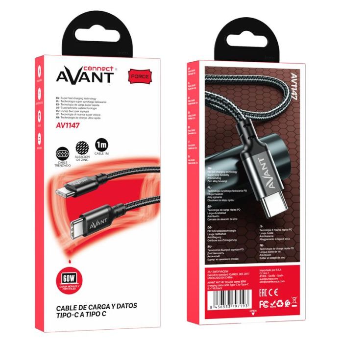 AVANT CONNECT Cable C a C Tipo C PD 60W 3A 1m Trenzado, Carga Rápida, Force Edition