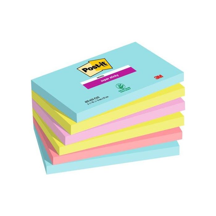 Post-it Notas Adhesivas Super Sticky 76x127 mm, 90 hojas, Pack de 6, Colores Miami Surtidos