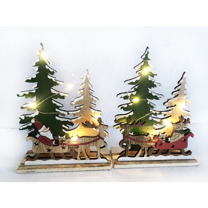 DKD Home Decor Decoración Luminosa Navidad Alpina Bosque, Madera con Luces LED, Rojo Verde Natural, Set 6 Unidades a pilas AA