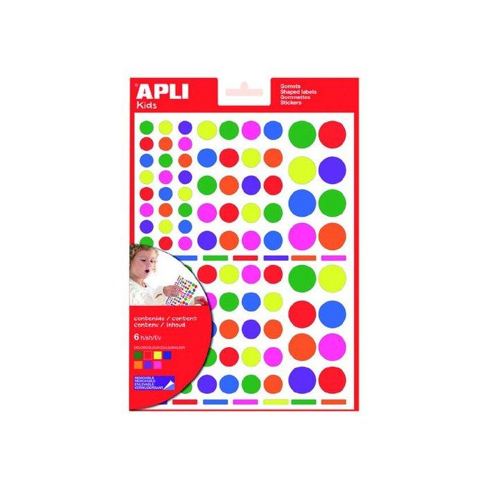 Apli Gomets autoadhesivos círculo multicolor, 624 unidades surtidas para niños, blister de 6 hojas