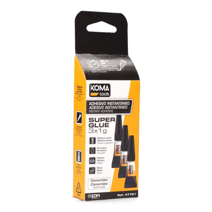 Koma Tools Adhesivo Instantáneo Cianocrilato 3x1g | Pegado Rápido 5 Segundos, Multisuperficies, Resistente al Agua, Bricolaje e Industria 1 Koma Tools Adhesivo Instantáneo Cianocrilato 3x1g | Pegado Rápido 5 Segundos, Multisuperficies, Resistente al Agua, Bricolaje e Industria 1