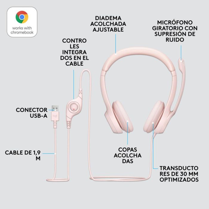 Logitech LOG5099206107298 Casco con Cable Estéreo con Micrófono USB-A - Rose 9