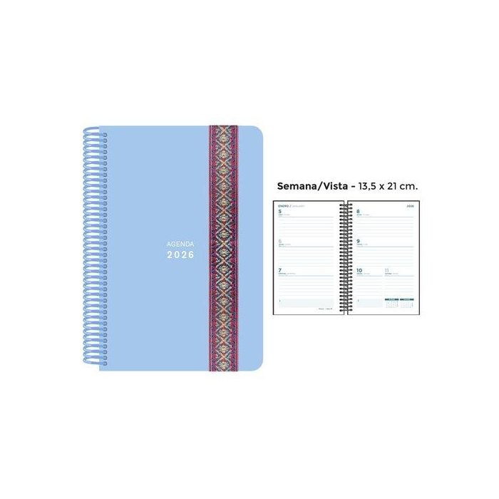 Agenda Anual (2026) Senfort Pastel Espiral Tapa Pp Con Goma Decorada 135X210 S/V Azul