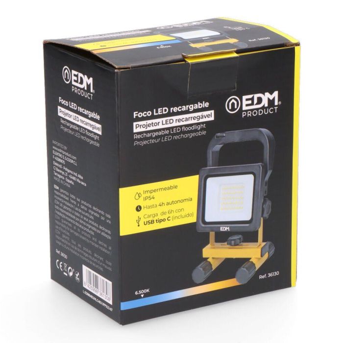 Edm Foco led recargable 20w 2000lm 6500k, IP54, CRI80, con 2 Baterías 18650 2000mah, Carga USB-C 7