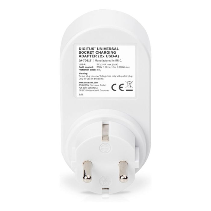 Digitus Adaptador de Enchufe Universal con 2 Puertos USB-A, Cargador Interior Compatible Universal, Gris/Blanco 2