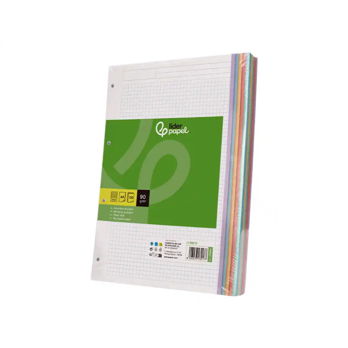 Liderpapel Recambio A4 120 Hojas 90gr Cuadro 5 mm 4 Taladros Bandas Colores Pasteles 2