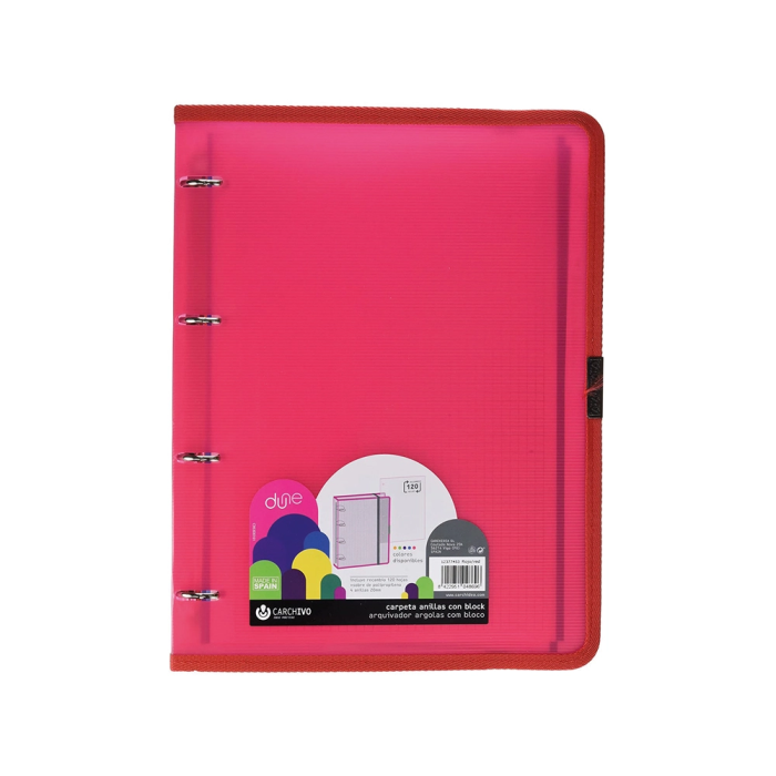 Carchivo Carpeta 4 Anillas 20 mm Polipropileno Rígido DIN A4 Roja con Recambio 100 Hojas y Gomilla 1