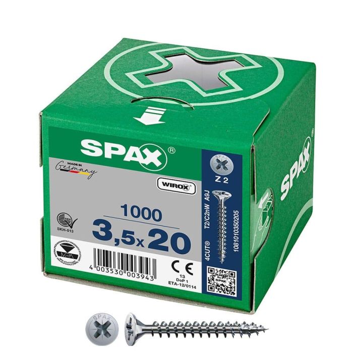 Spax Tornillo universal cabeza plana wirox 3,5x20mm rosca completa, ranura en cruz z2, 4cut - 1081010350205 - Caja 1000 unid. Spax Tornillo universal cabeza plana wirox 3,5x20mm rosca completa, ranura en cruz z2, 4cut - 1081010350205 - Caja 1000 unid.