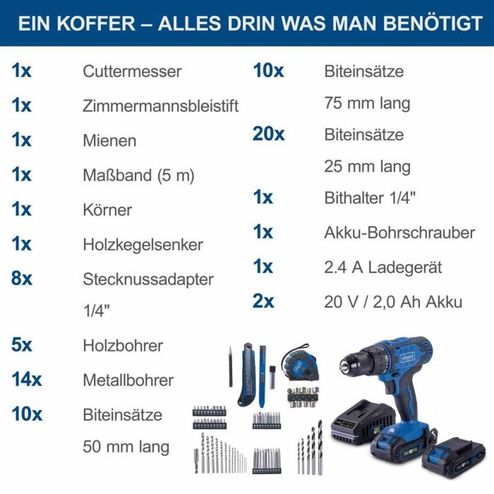 Scheppach C-DTB74/2-X Taladro Destornillador 20V IXES, 50 Nm, Portabrocas 13mm, Kit: 2 Baterías, Cargador, 74 Accesorios y Caja 4