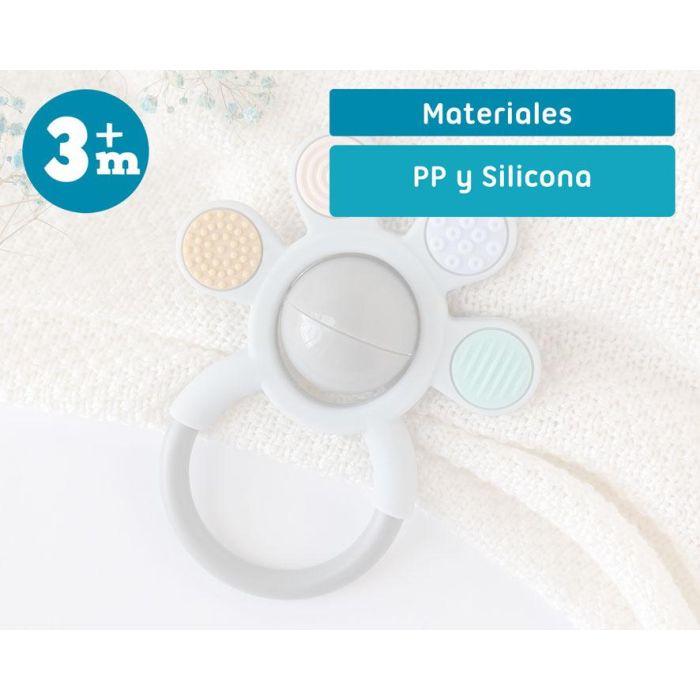 KioKids Mordedor Sonajero de Silicona Gris para Bebé +3 Meses, Juguete de Dentición Suave 5