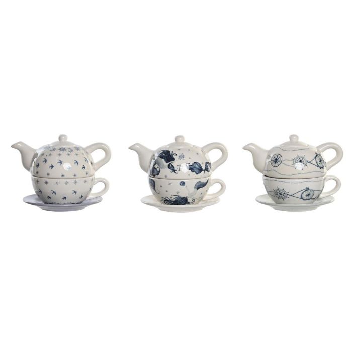 DKD Home Decor Tetera Atlantico Colección Stella Maris de Dolomite Azul y Blanco 750 ml Apta Microondas Lavavajillas (3 Unidades)