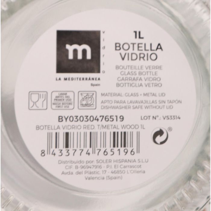 La Mediterranea Botella Vidrio Redonda Tapa Metal Wood 1L 2