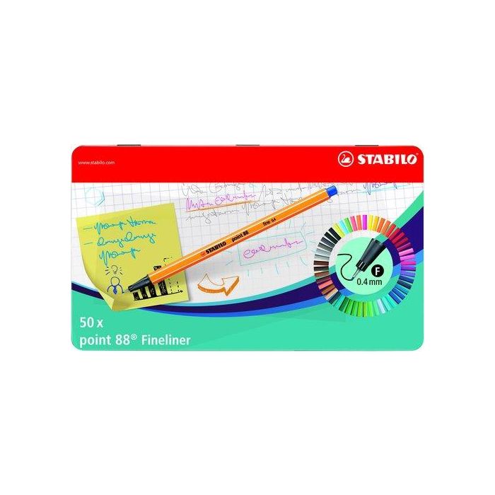 Stabilo Rotulador de fibra Point 88 0,4 mm estuche metálico 50 colores surtidos para escritura fina, mandalas y arteterapia
