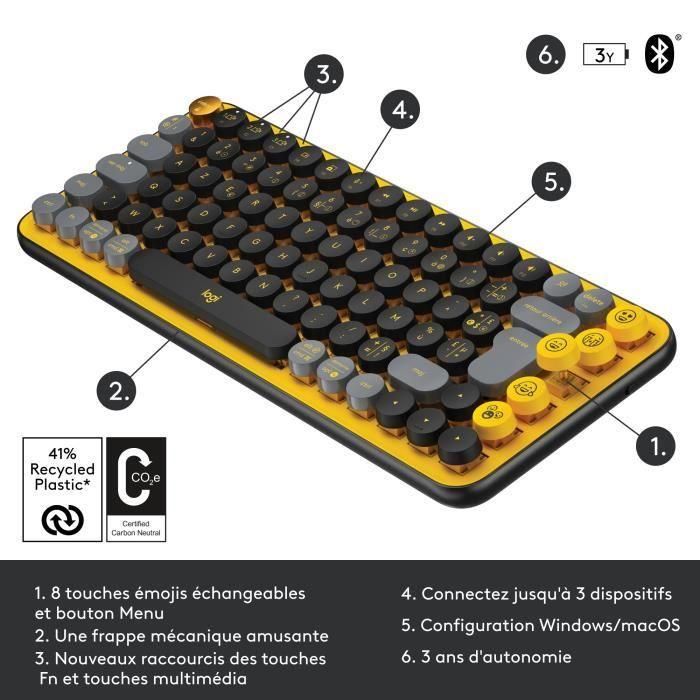 Teclado inalámbrico Logitech - Teclas POP mecánicas con teclas Emoji personalizables, Bluetooth o USB, diseño compacto duradero - Amarillo 5