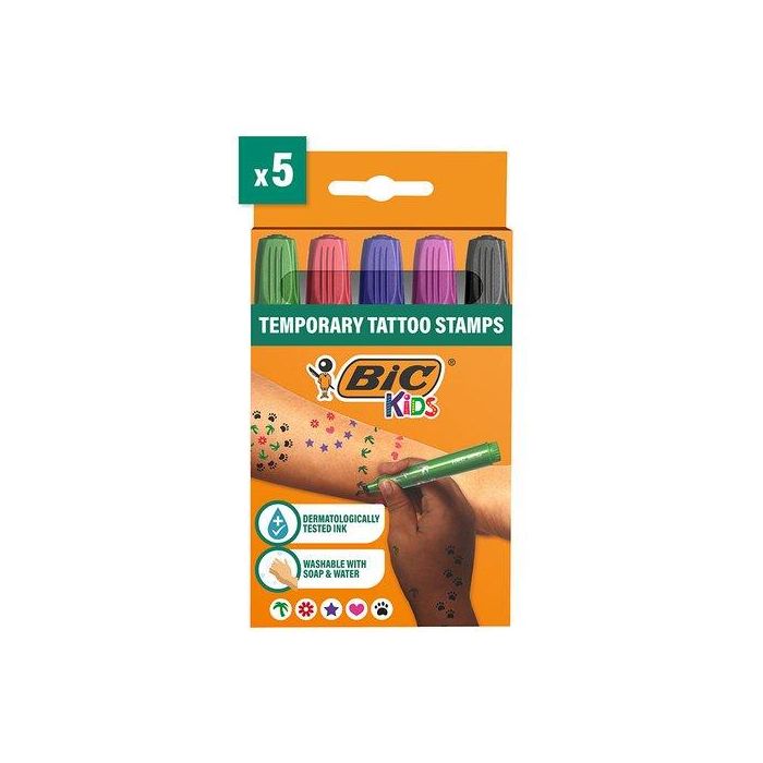 Bic Kids Tattoo Sello - Rotuladores Lavables para Tatuajes Temporales, Caja de 5 Unidades, Colores Surtidos