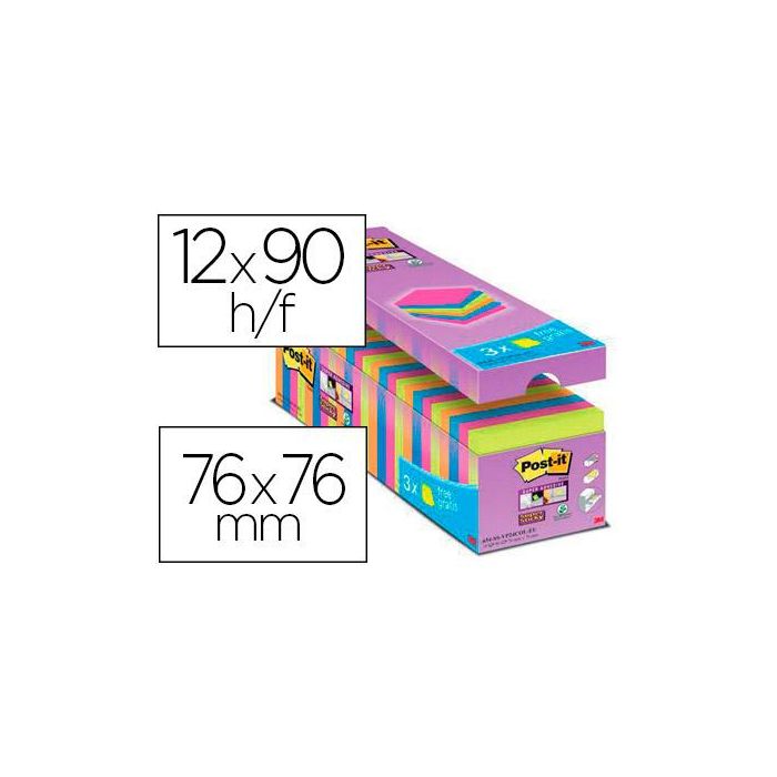 Bloc De Notas Adhesiva Quita Y Pon Post-It Super Sticky 76x76 mm 90 Hojas Colores Surtidos Pack De 21 + 3