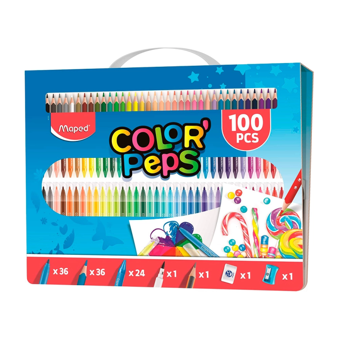 Maped Kit Lápices de Colores, Rotuladores y Ceras Color'Peps C-Surtidos Estuche con Asa 100 Piezas 1
